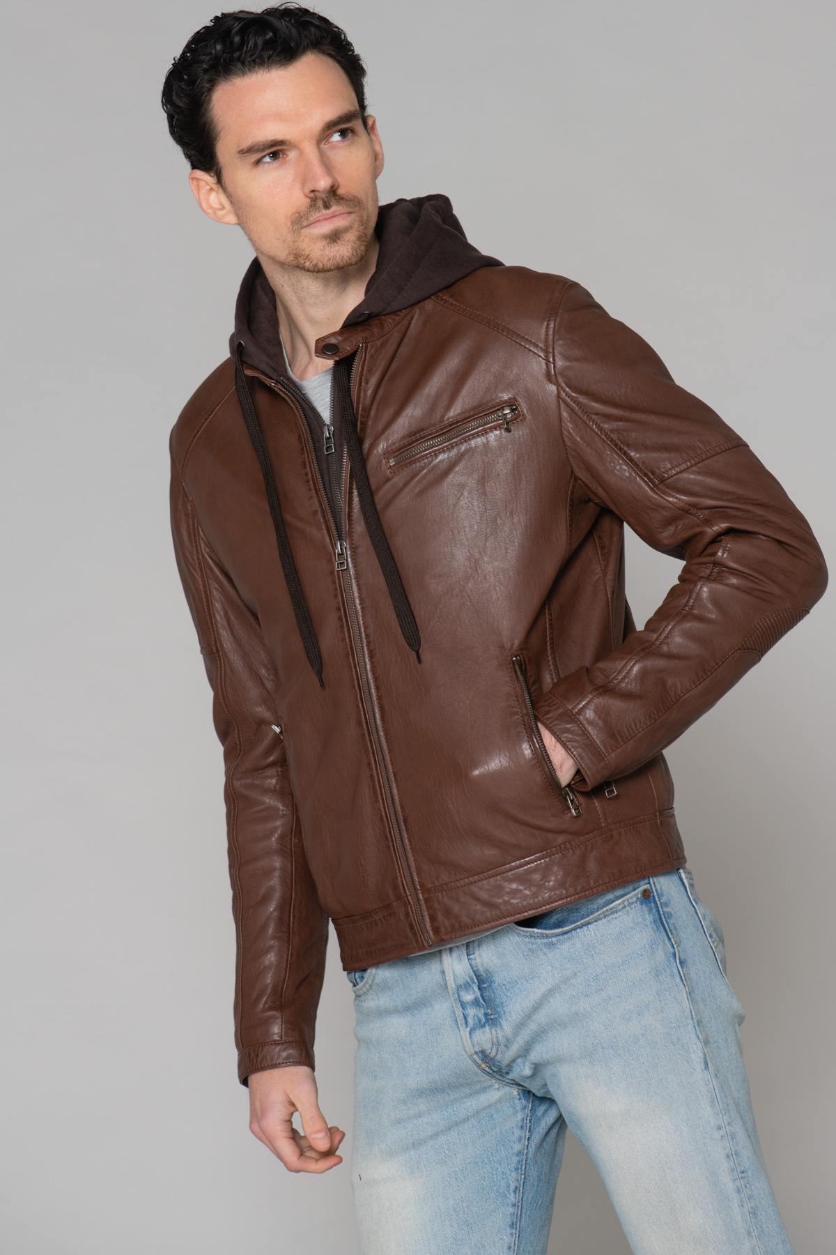 Brown leather jacket with hood - Image n°10