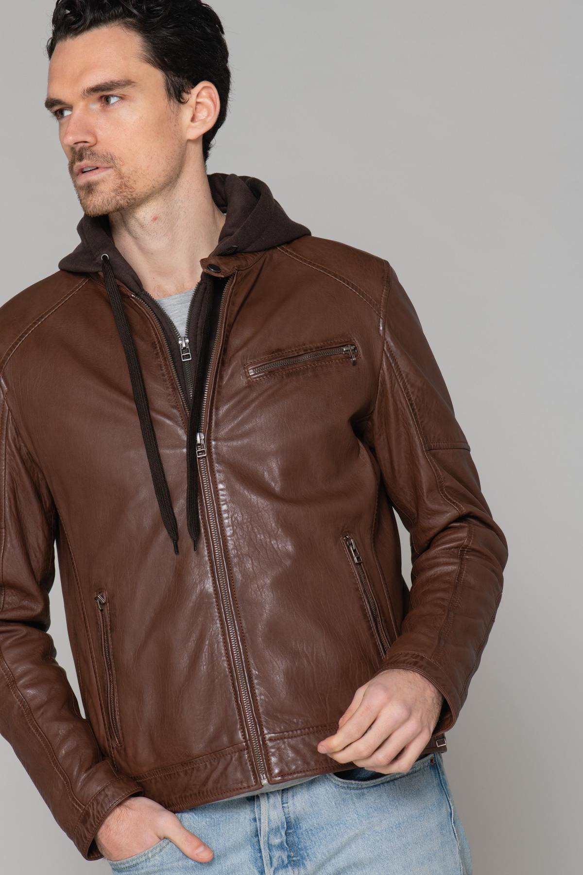 Brown leather jacket with hood - Image n°13