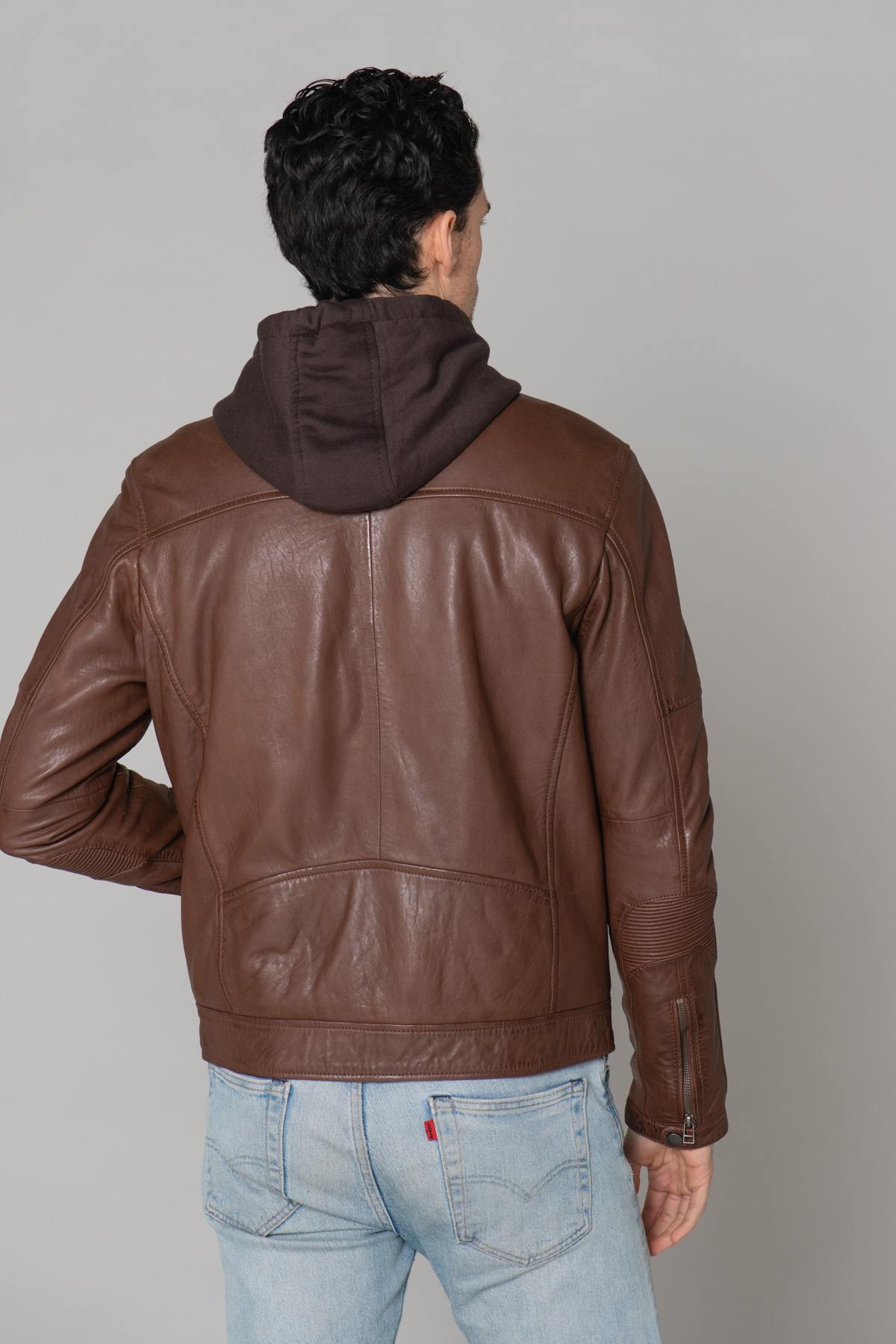 Brown leather jacket with hood - Image n°16