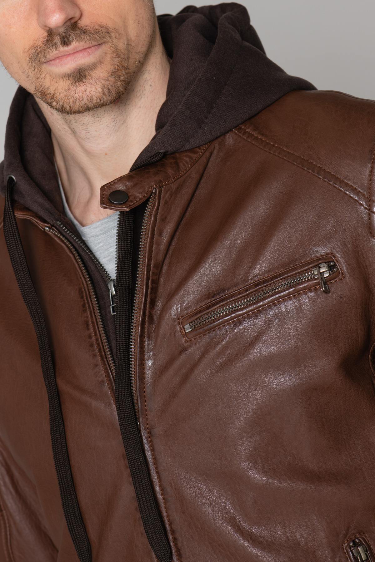 Brown leather jacket with hood - Image n°17