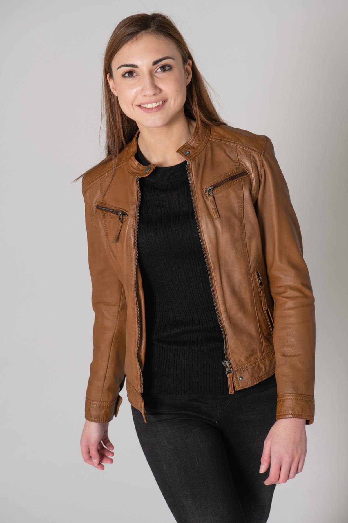 Women's cognac leather jacket - Image n°19