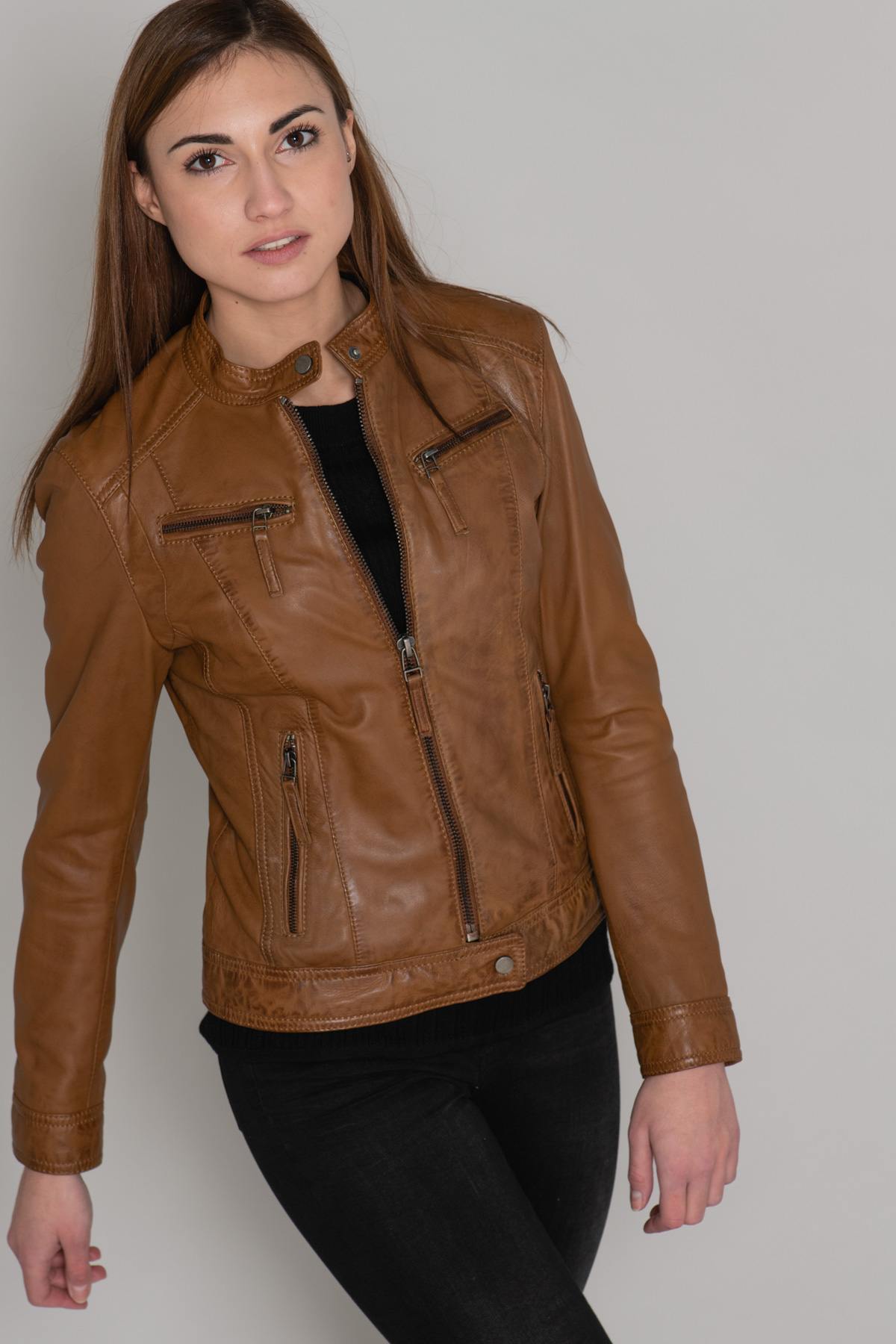 Women's cognac leather jacket - Image n°16