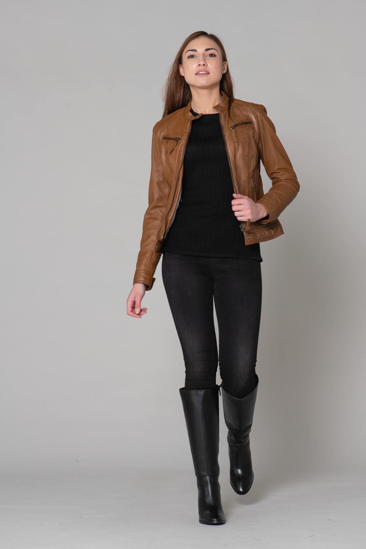 Women's cognac leather jacket - Image n°11