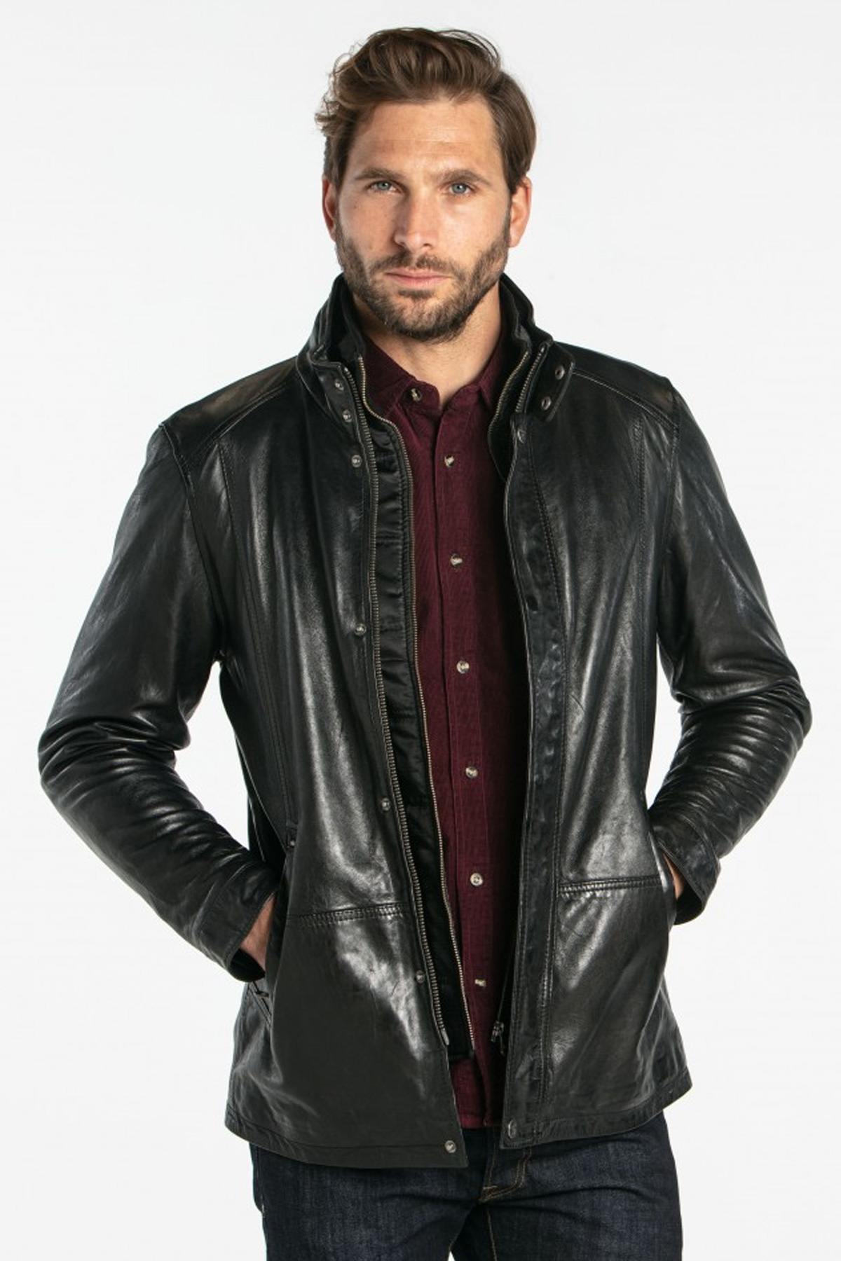 Mid-length black leather jacket - Image n°7