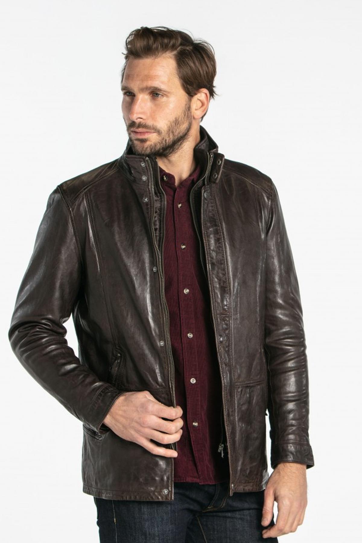 Dark brown vintage crinkle effect leather jacket - Image n°6