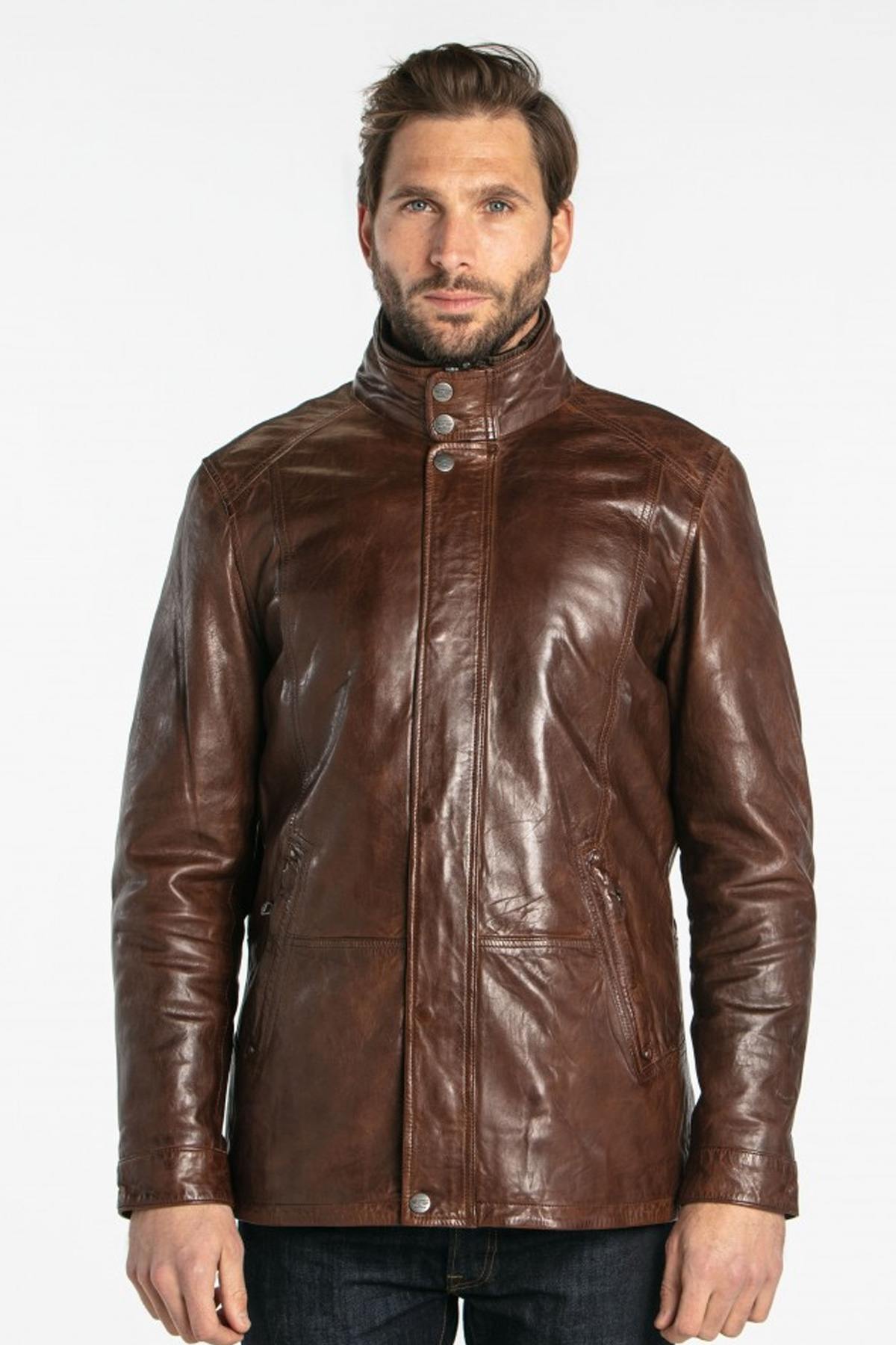 Bison-colored washed lambskin leather jacket - Image n°7