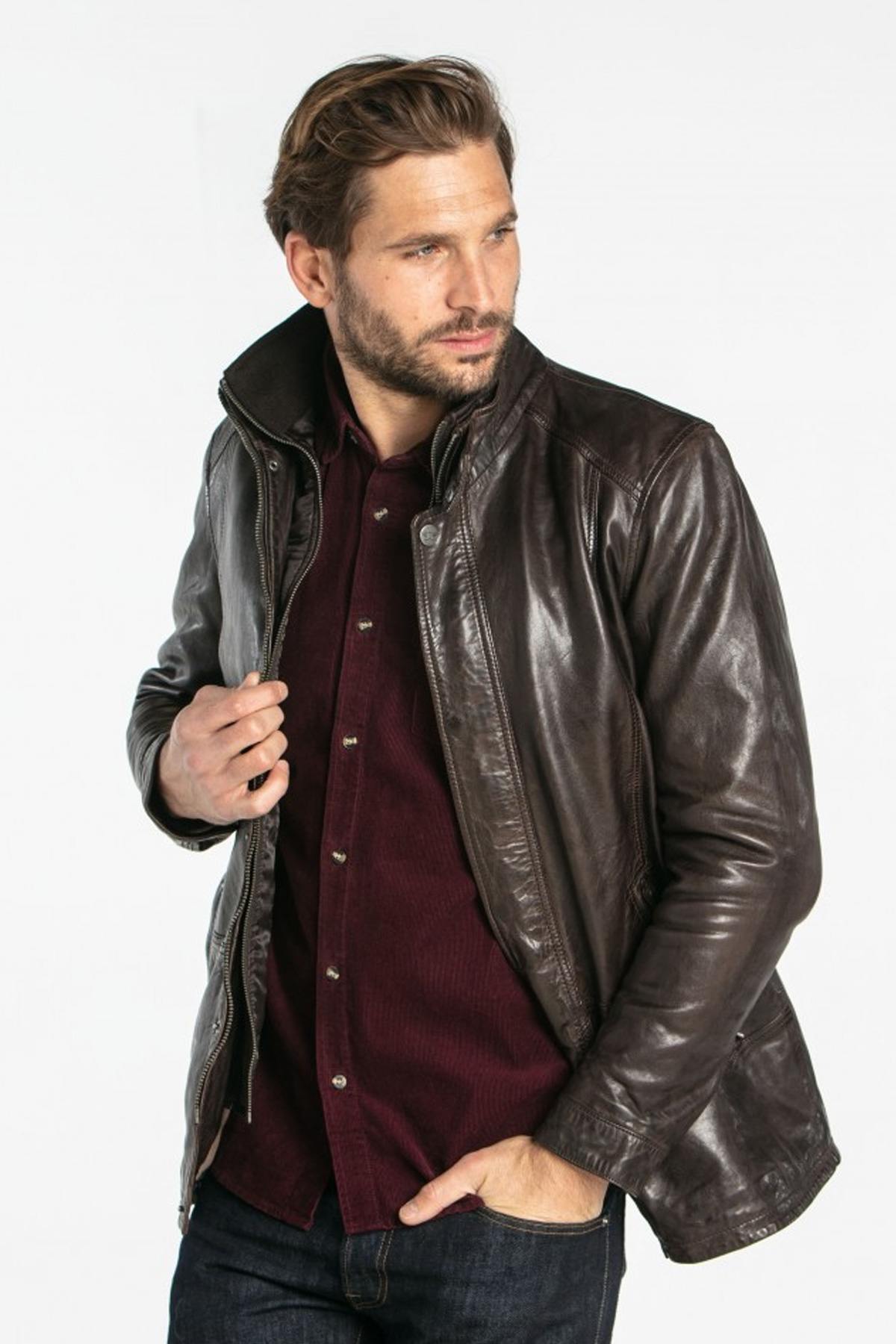 Dark brown vintage crinkle effect leather jacket - Image n°9