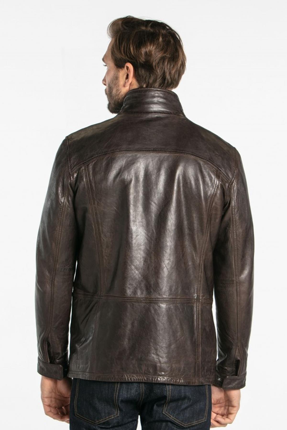 Dark brown vintage crinkle effect leather jacket - Image n°7