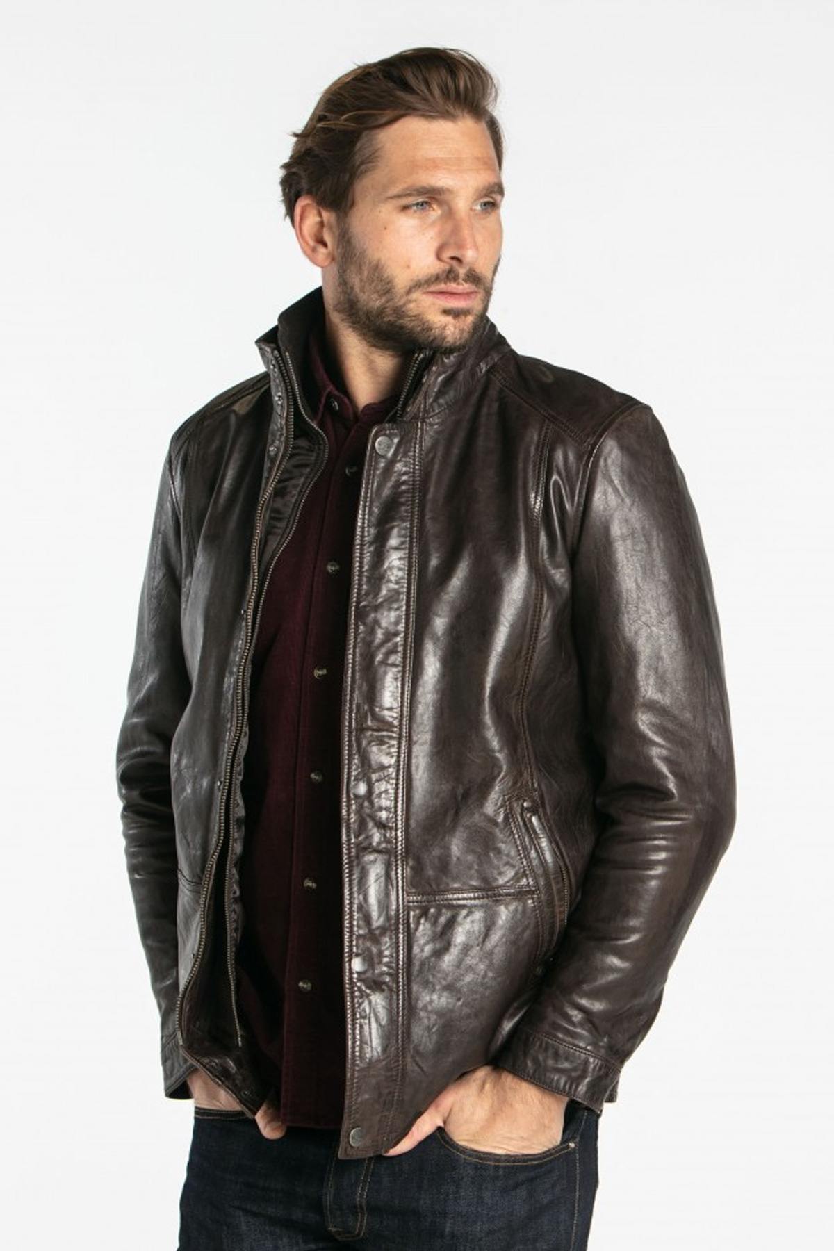 Dark brown vintage crinkle effect leather jacket - Image n°10