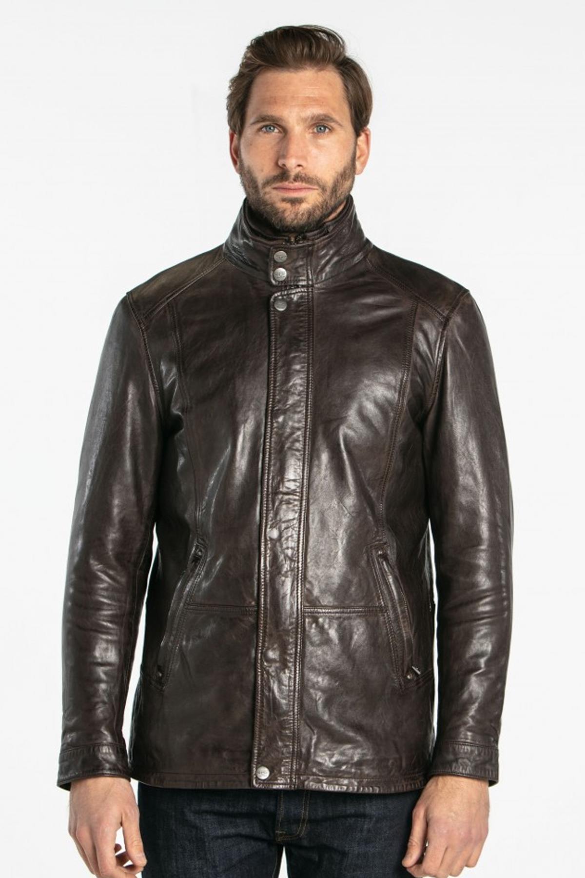 Dark brown vintage crinkle effect leather jacket - Image n°8