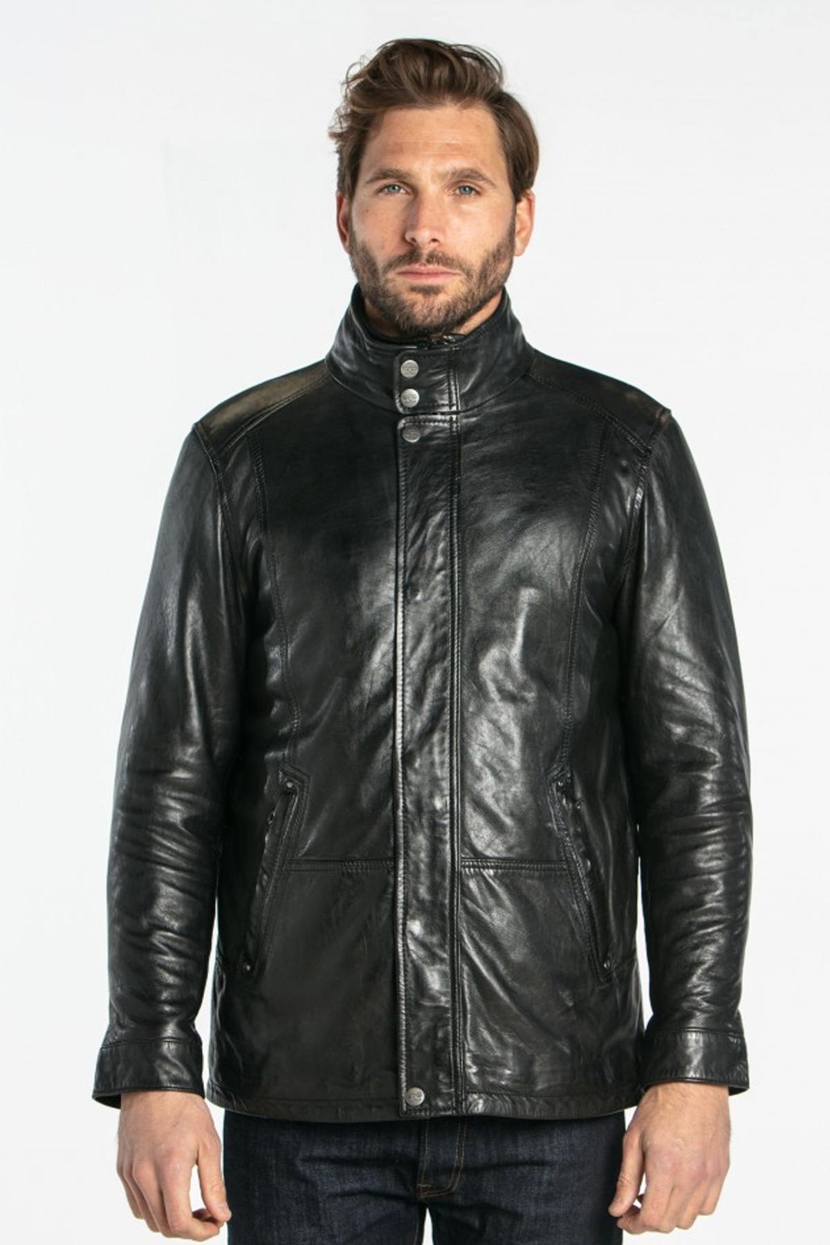 Mid-length black leather jacket - Image n°10