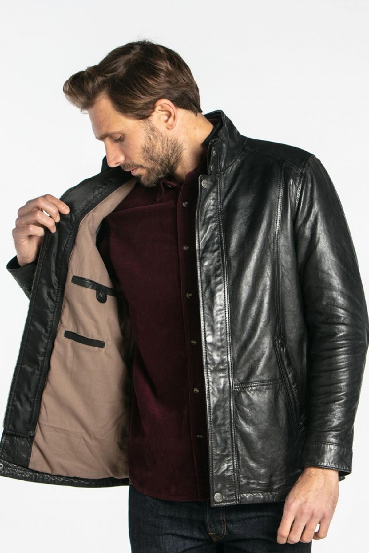 Mid-length black leather jacket - Image n°11