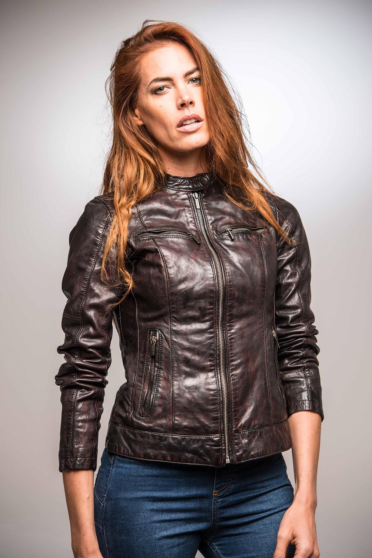 Red leather jacket with biker collar - Image n°7