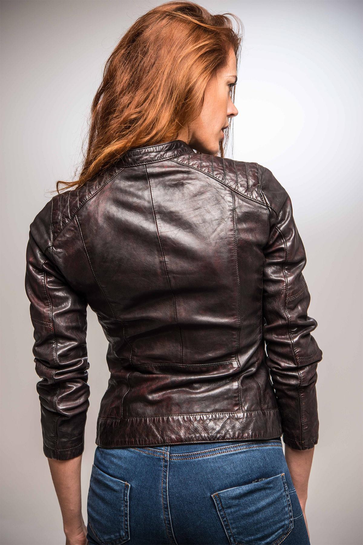 Red leather jacket with biker collar - Image n°6