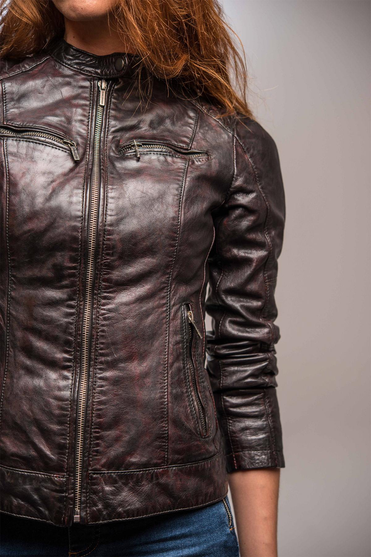 Red leather jacket with biker collar - Image n°8