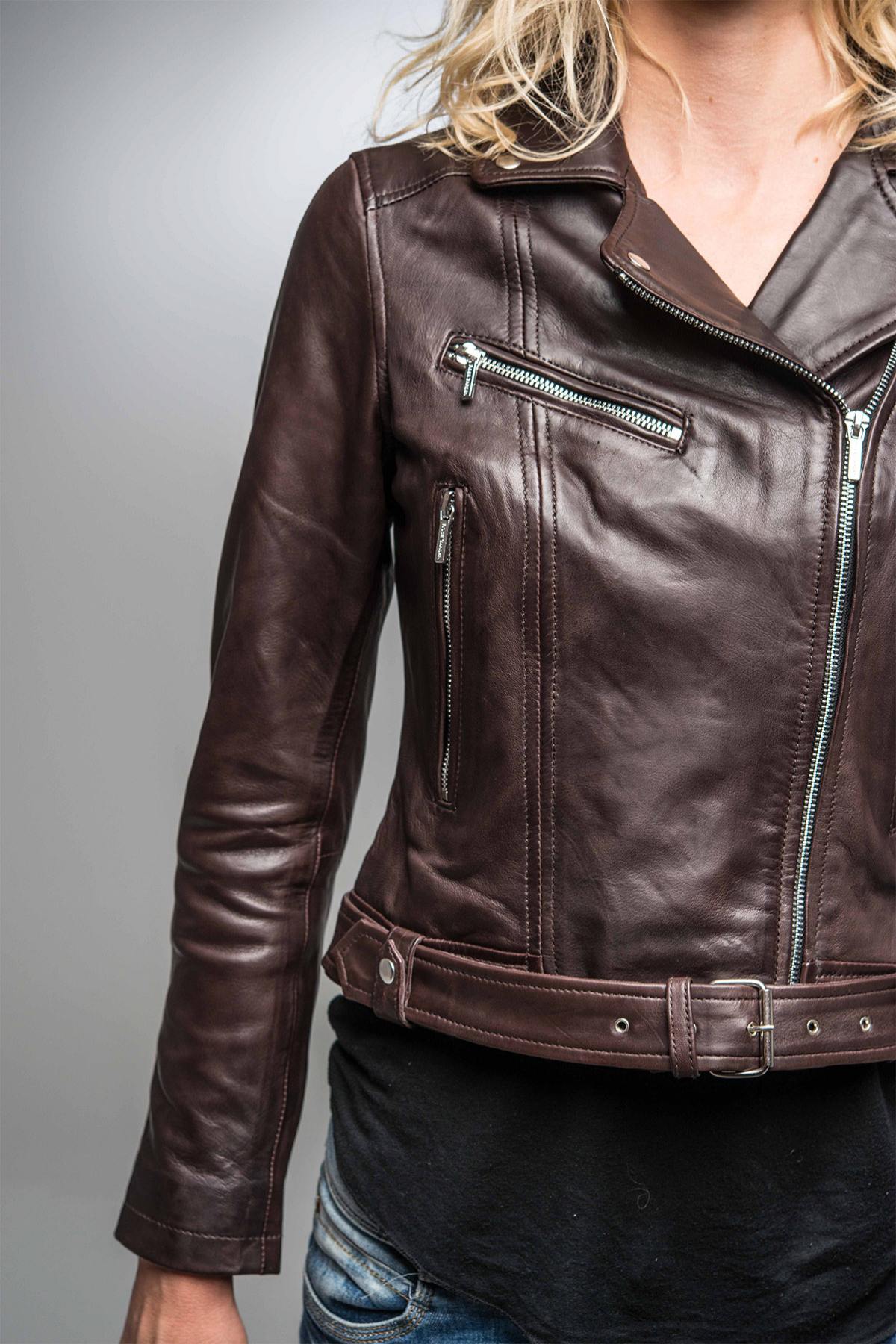 Dark brown leather Biker Jacket - Image n°6