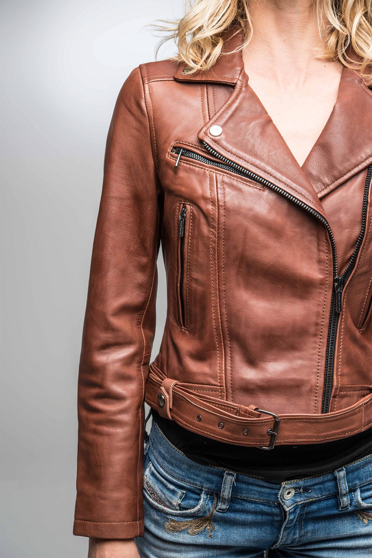 Women's brown leather perfecto - Image n°12