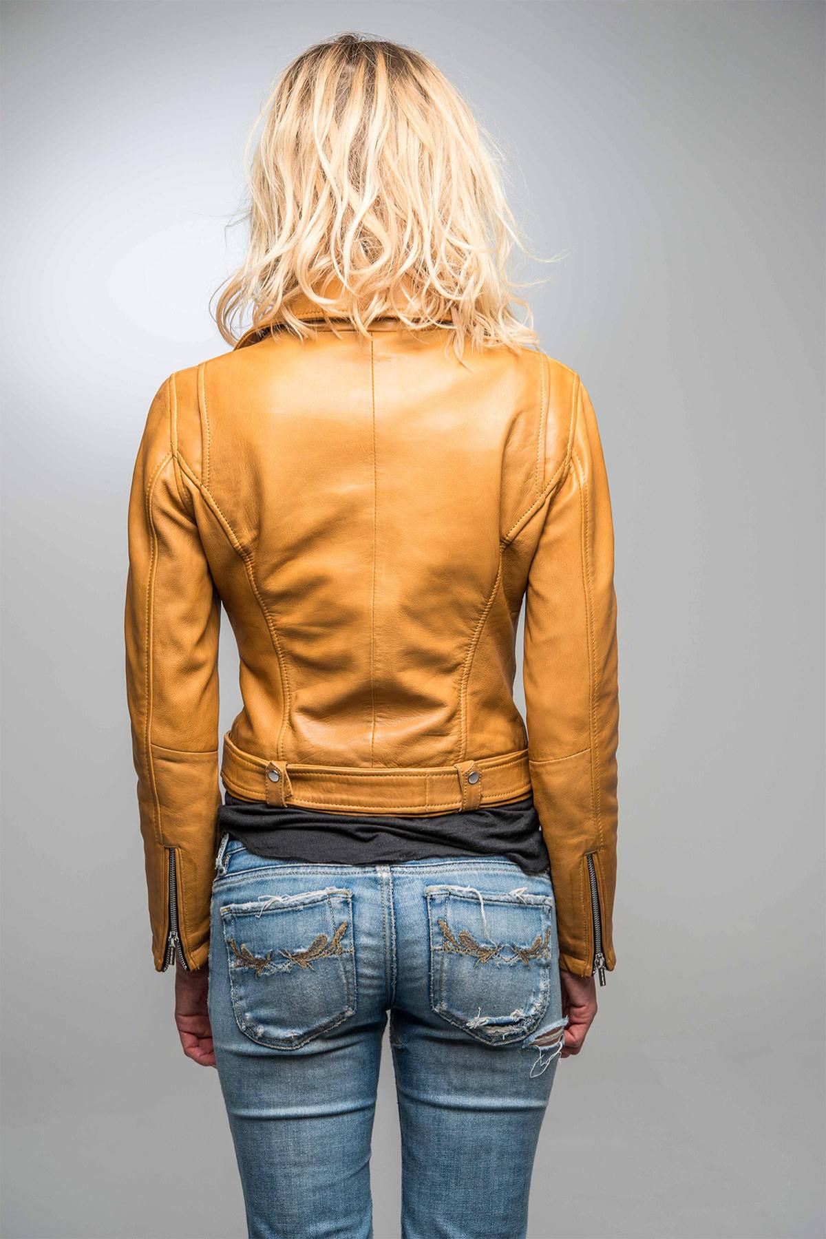 Women's Biker Jacket in mustard yellow leather - Image n°8