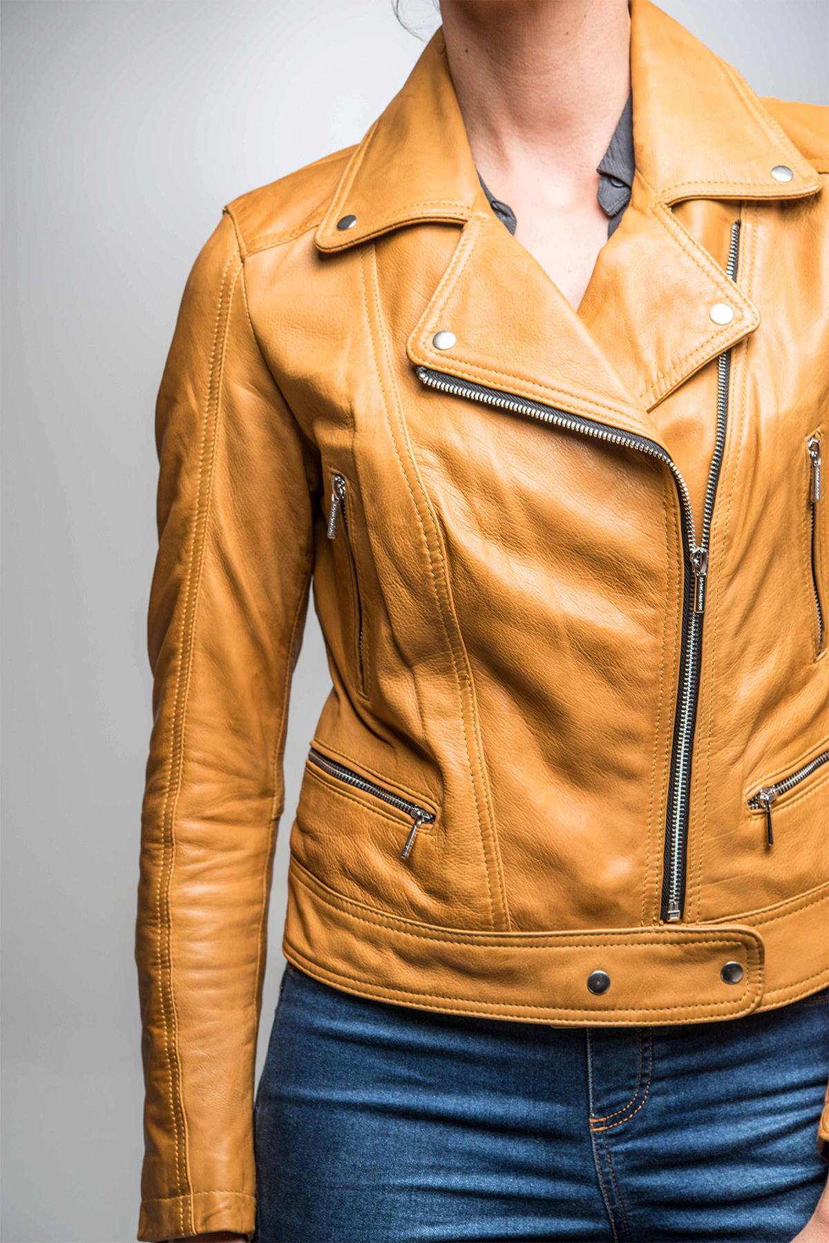 Women's yellow leather perfecto - Image n°6