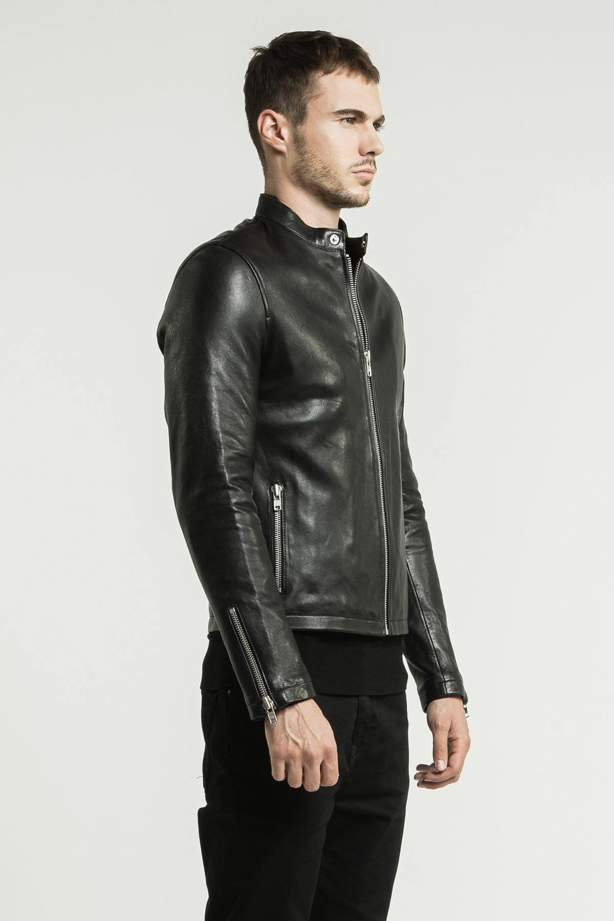 Black leather jacket with snap collar - Image n°8