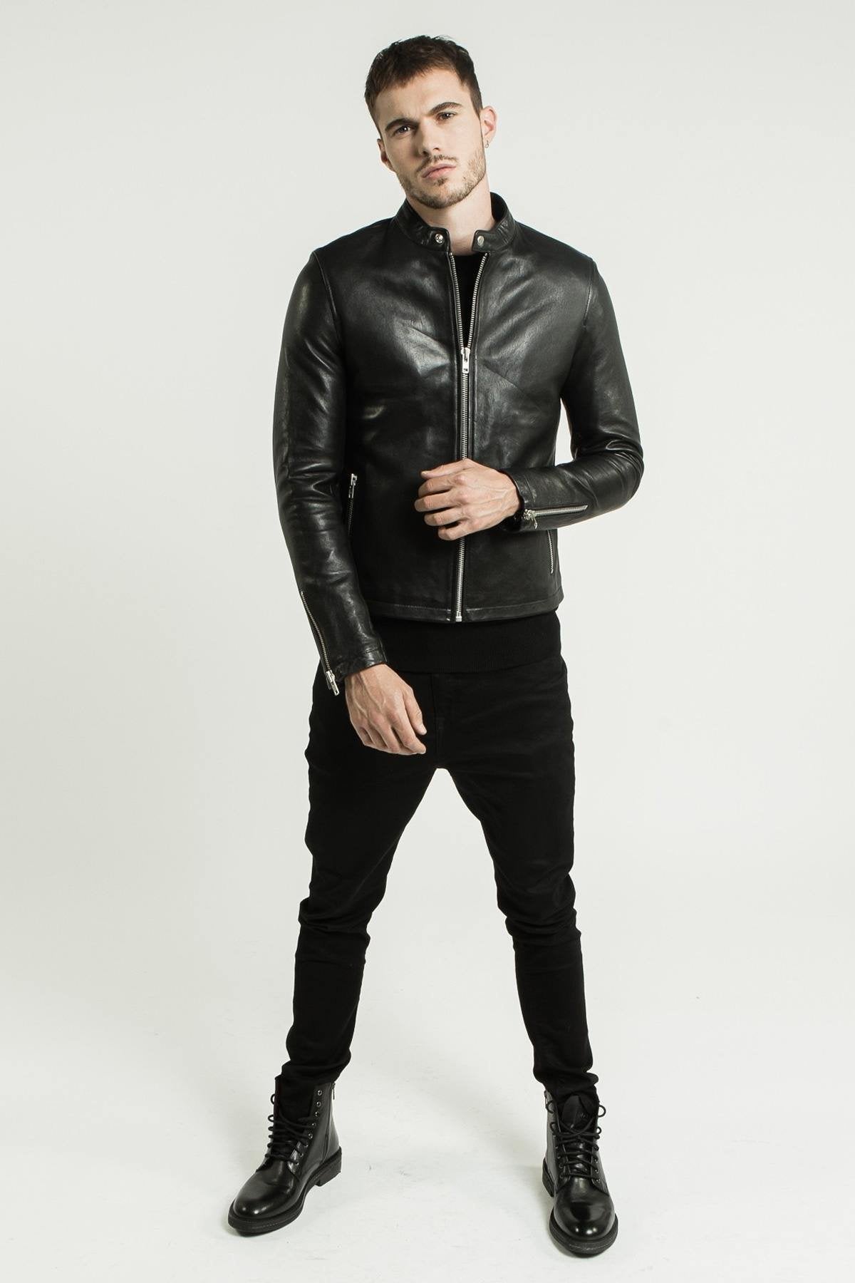 Black leather jacket with snap collar - Image n°9