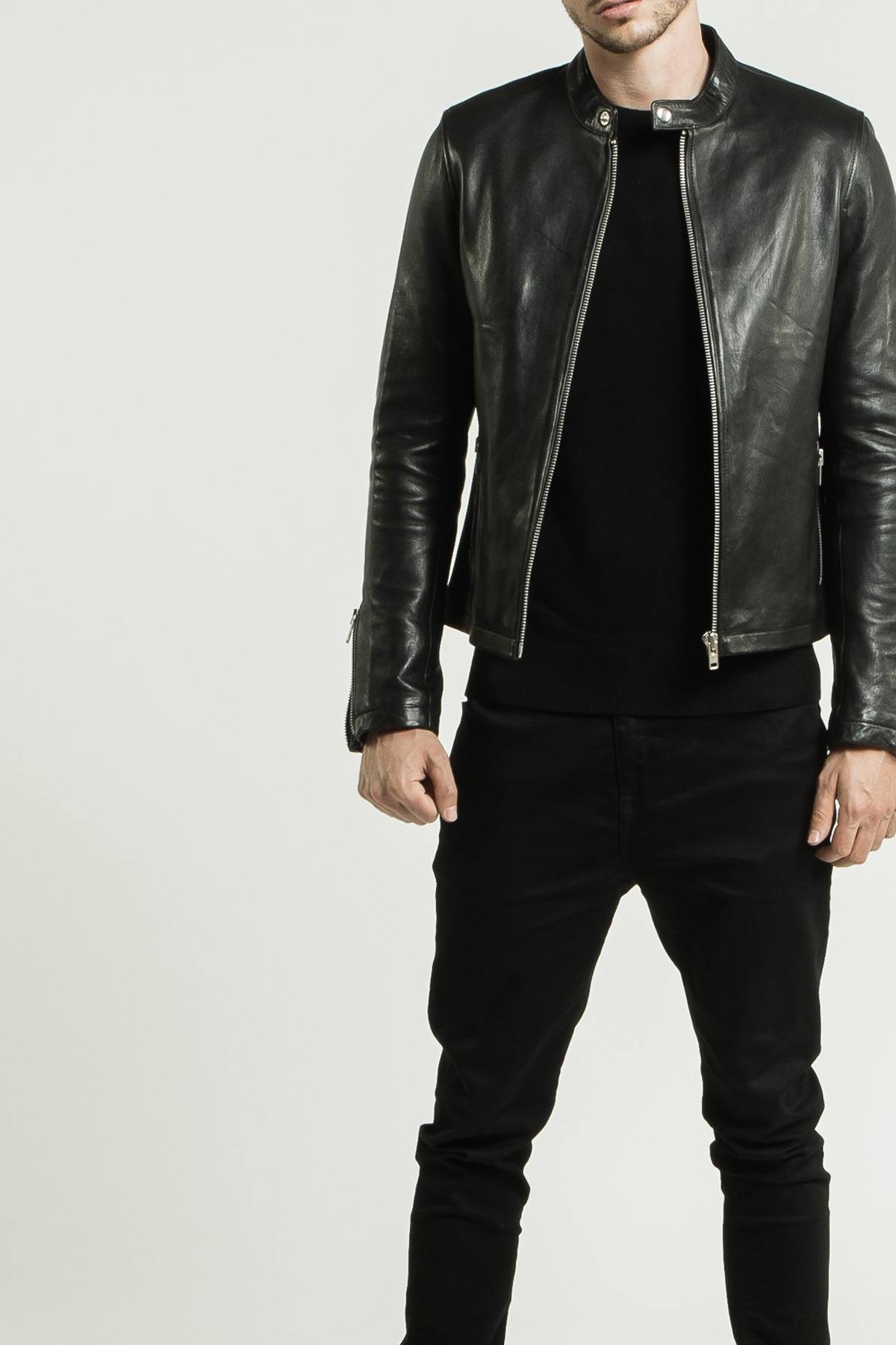 Black leather jacket with snap collar - Image n°13