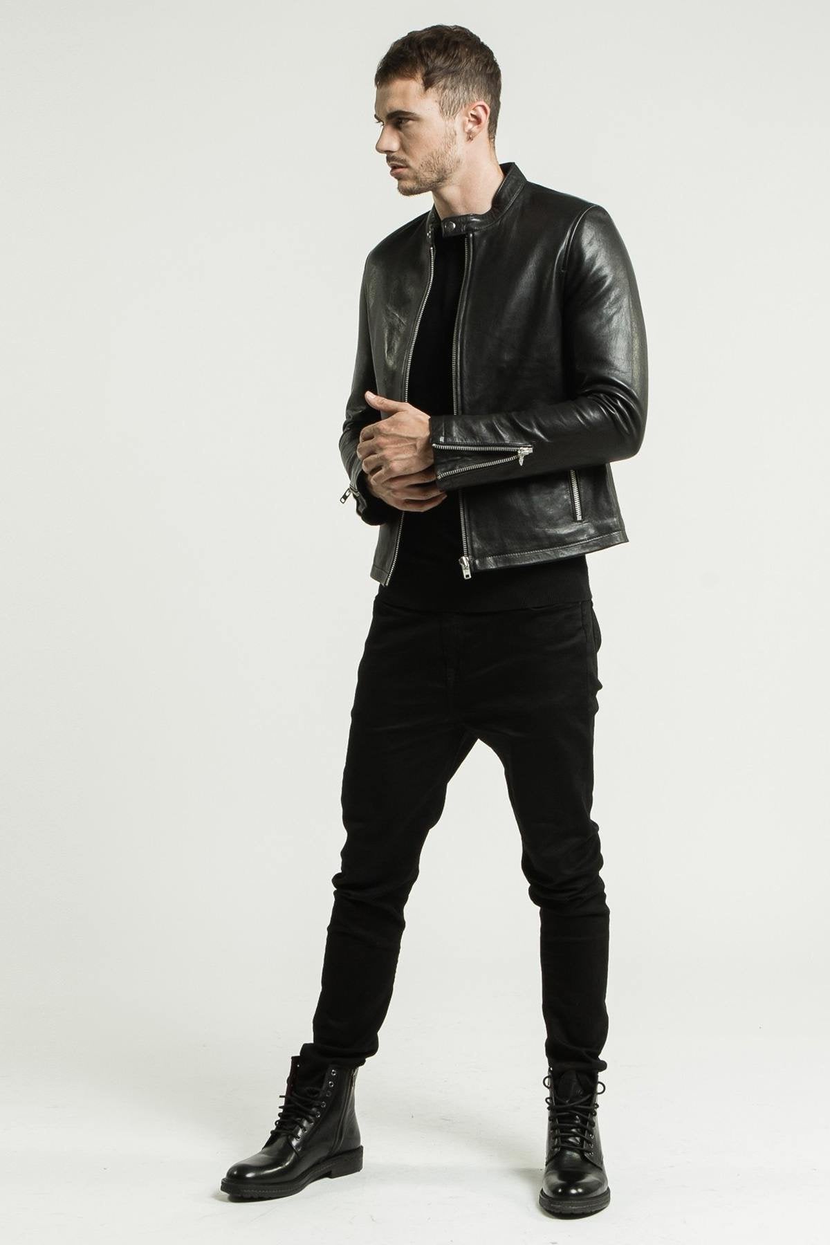 Black leather jacket with snap collar - Image n°14