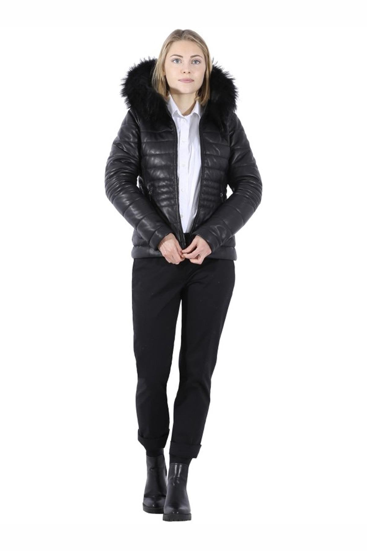 Black leather down jacket with real fur collar - Image n°11