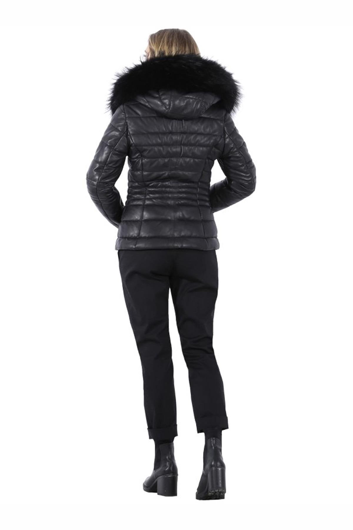 Black leather down jacket with real fur collar - Image n°13