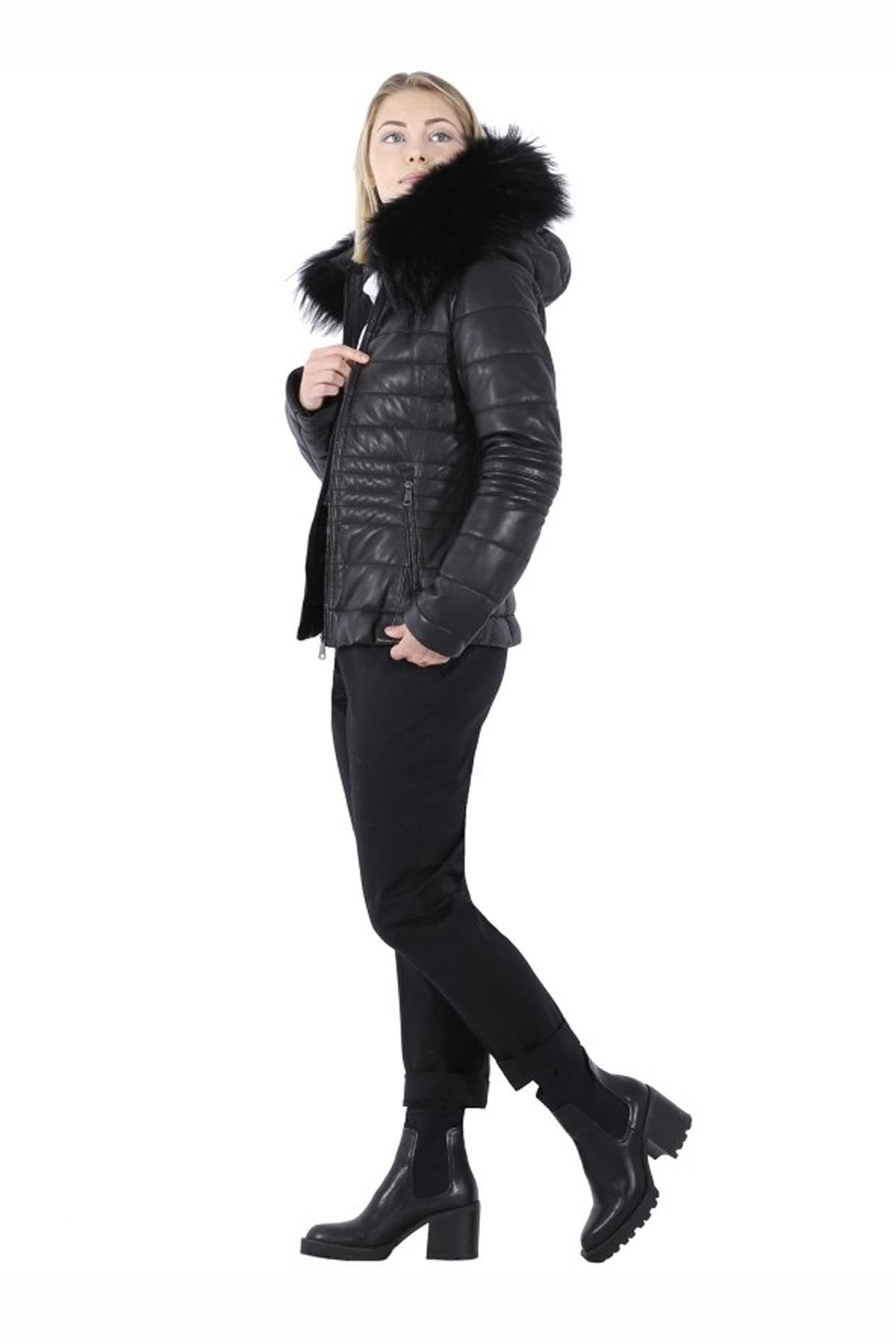 Black leather down jacket with real fur collar - Image n°16