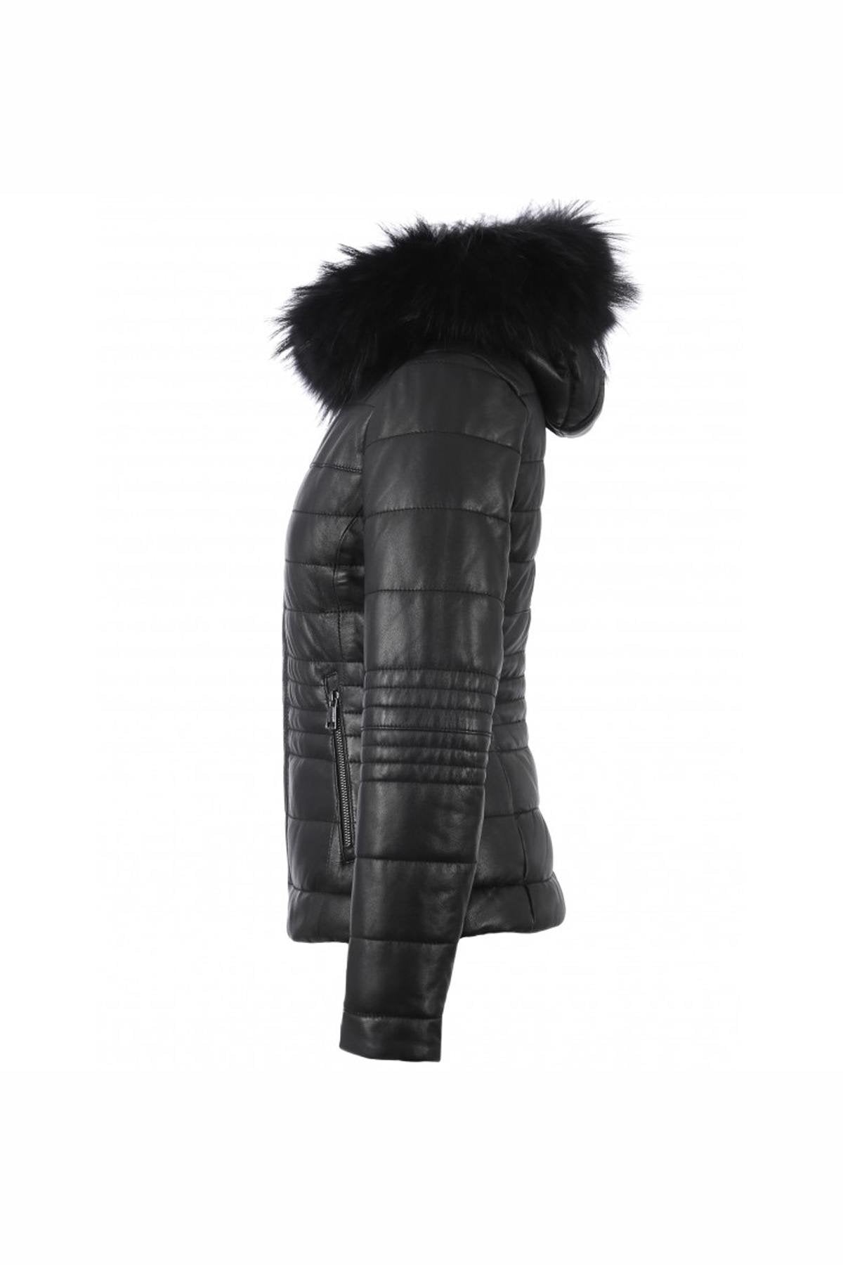 Black leather down jacket with real fur collar - Image n°17