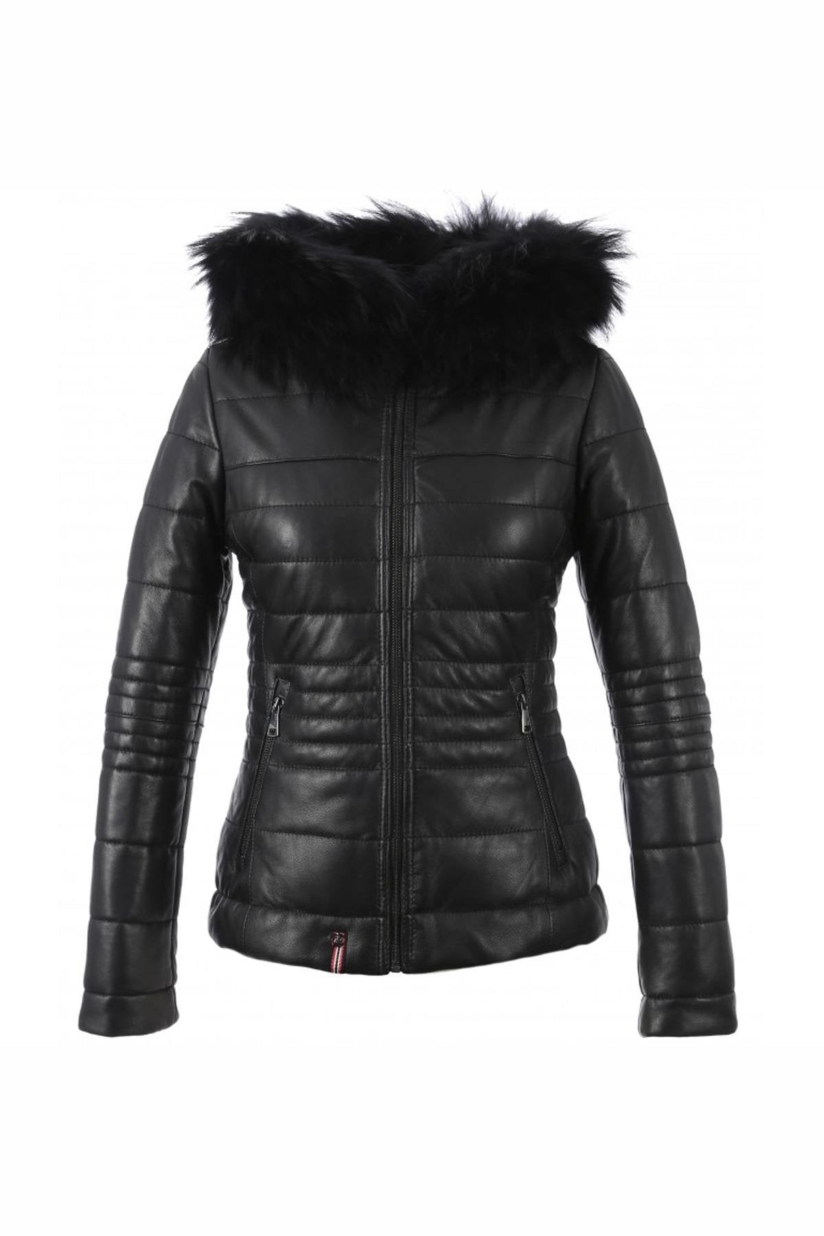 Black leather down jacket with real fur collar - Image n°10