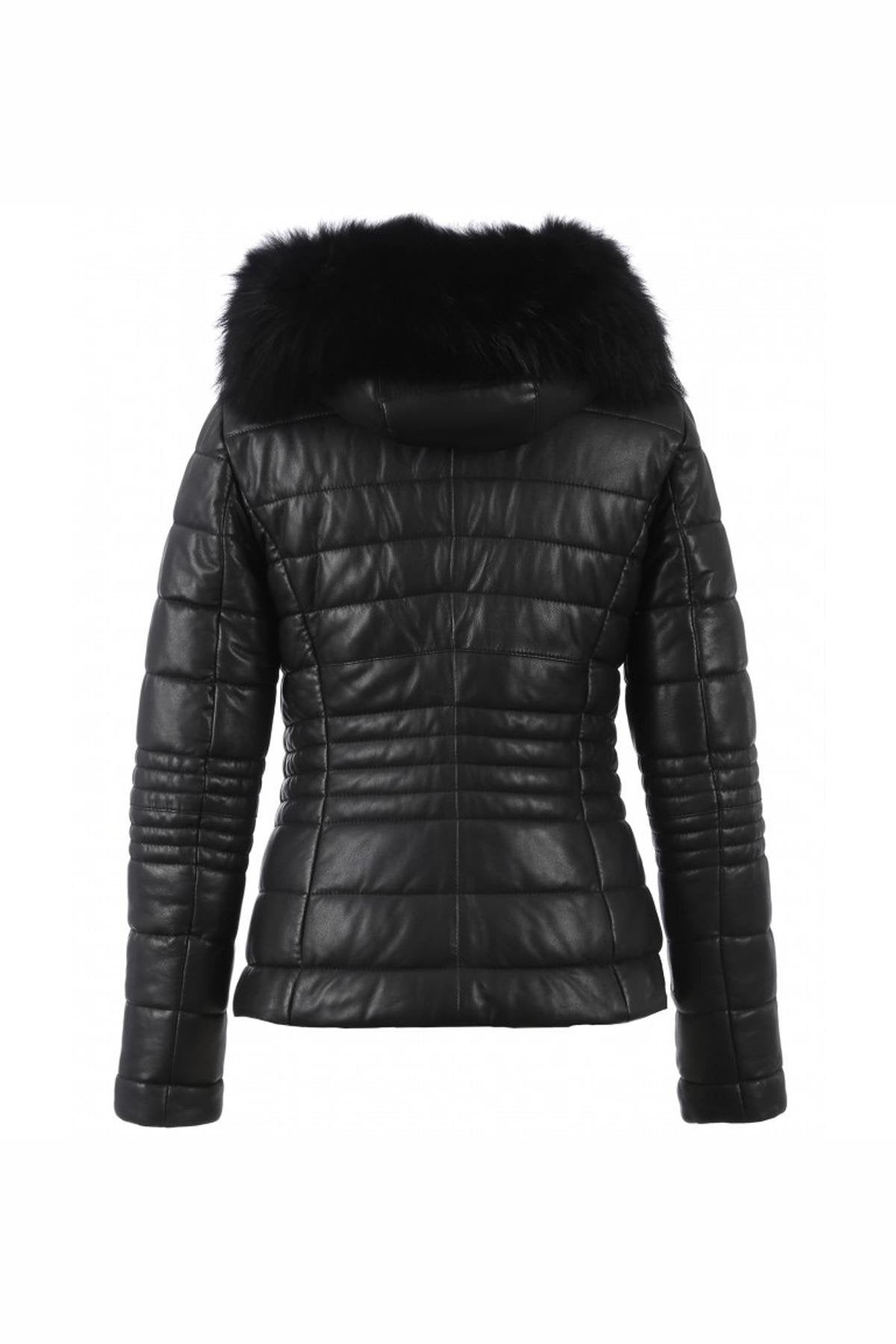 Black leather down jacket with real fur collar - Image n°12