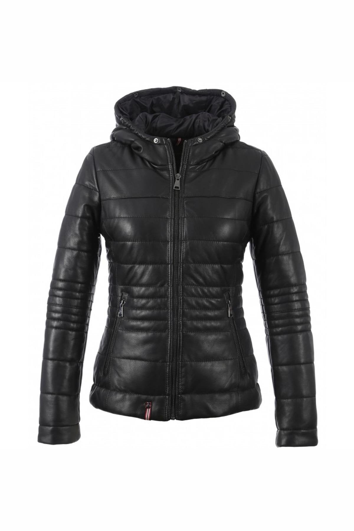 Black leather down jacket with real fur collar - Image n°15