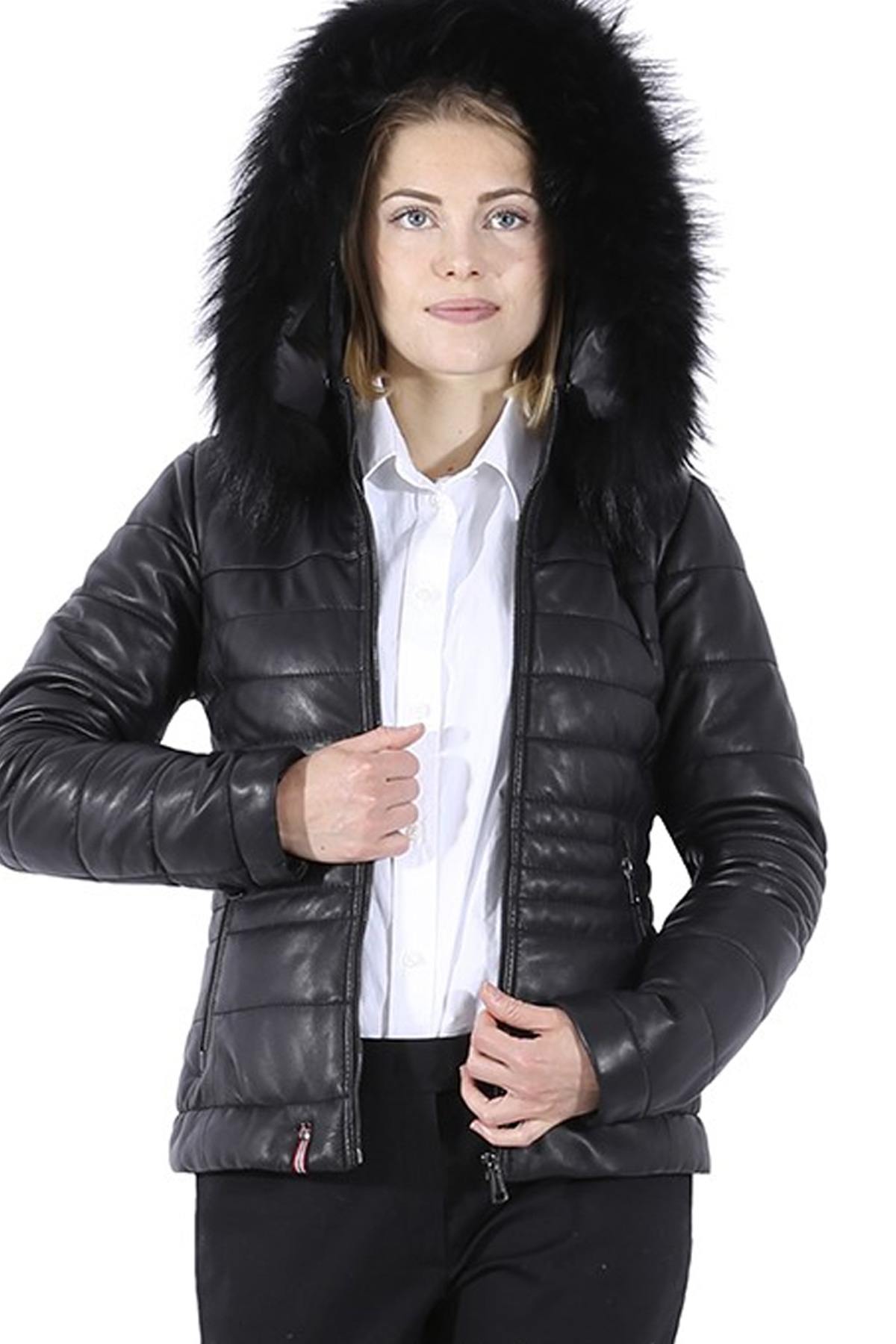 Black leather down jacket with real fur collar - Image n°14