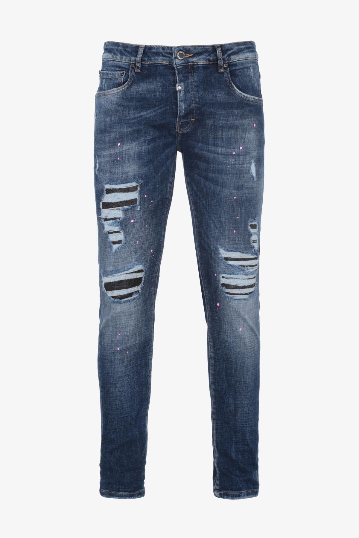 Blue denim jeans with destroyed finish - Image n°7