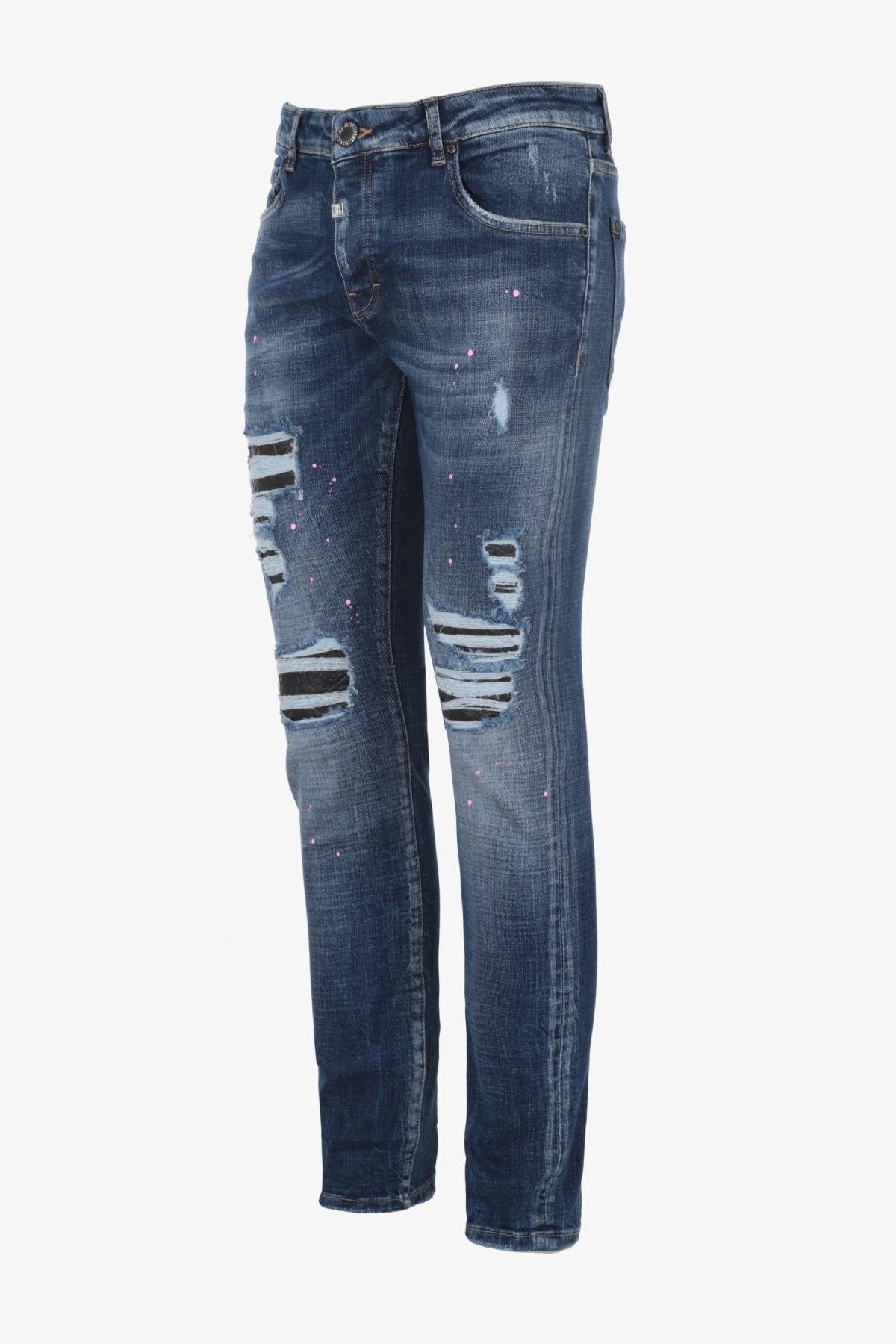 Blue denim jeans with destroyed finish - Image n°9