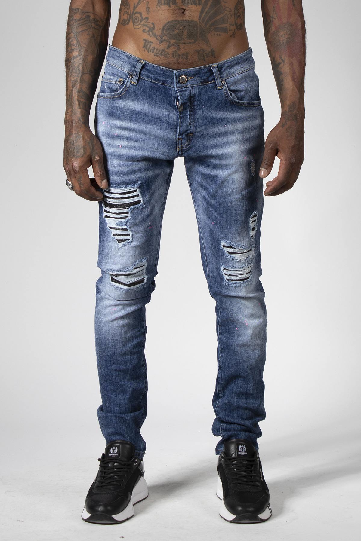 Blue denim jeans with destroyed finish - Image n°6