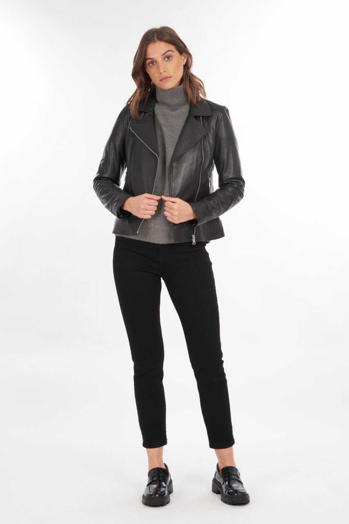 Women's black smooth Biker Jacket - Image n°8