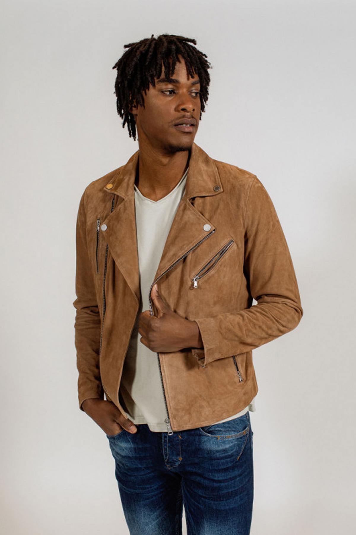 Biker Jacket in cognac suede leather - Image n°1