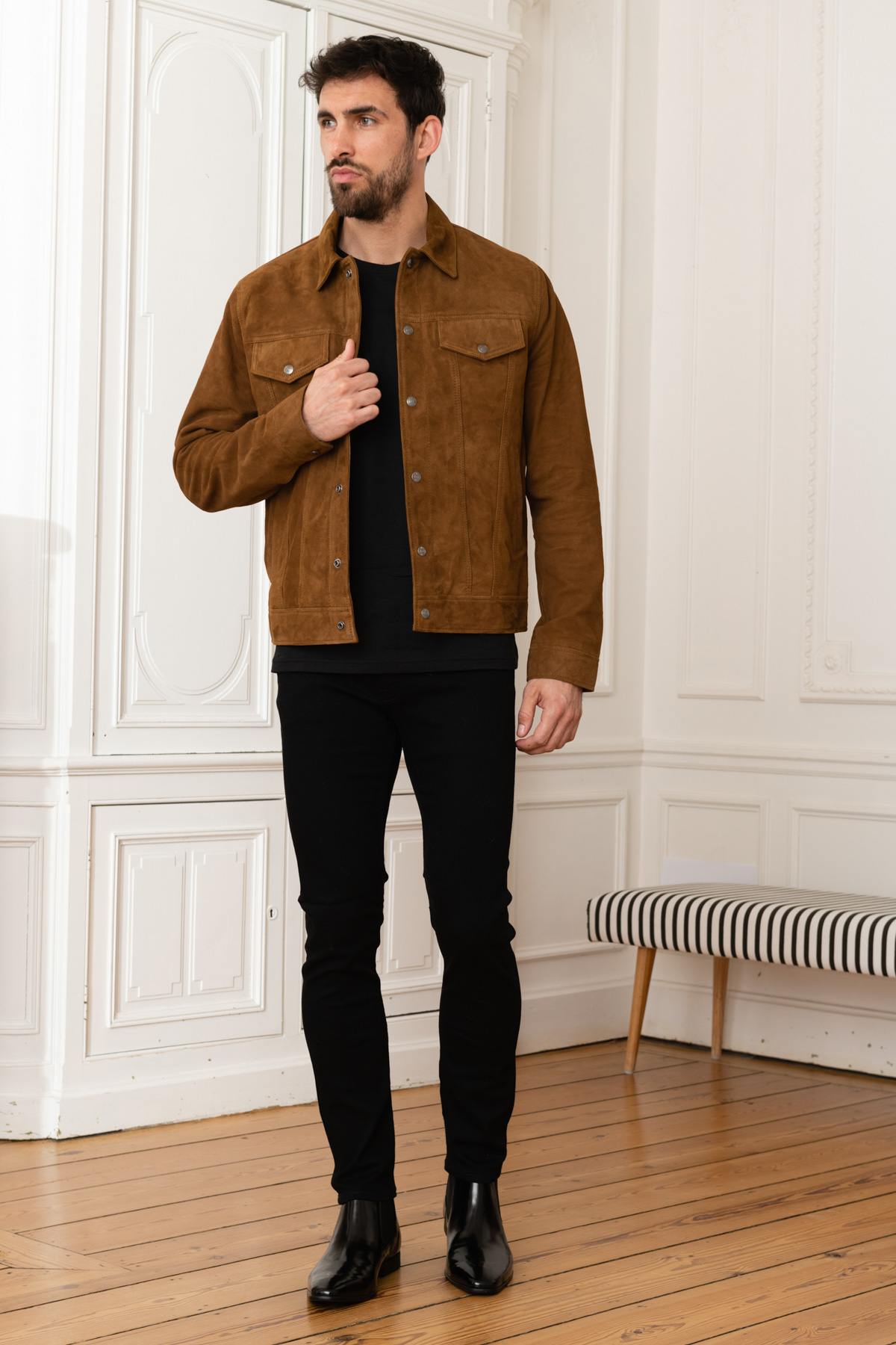 Jean-style jacket in suede leather - Image n°6