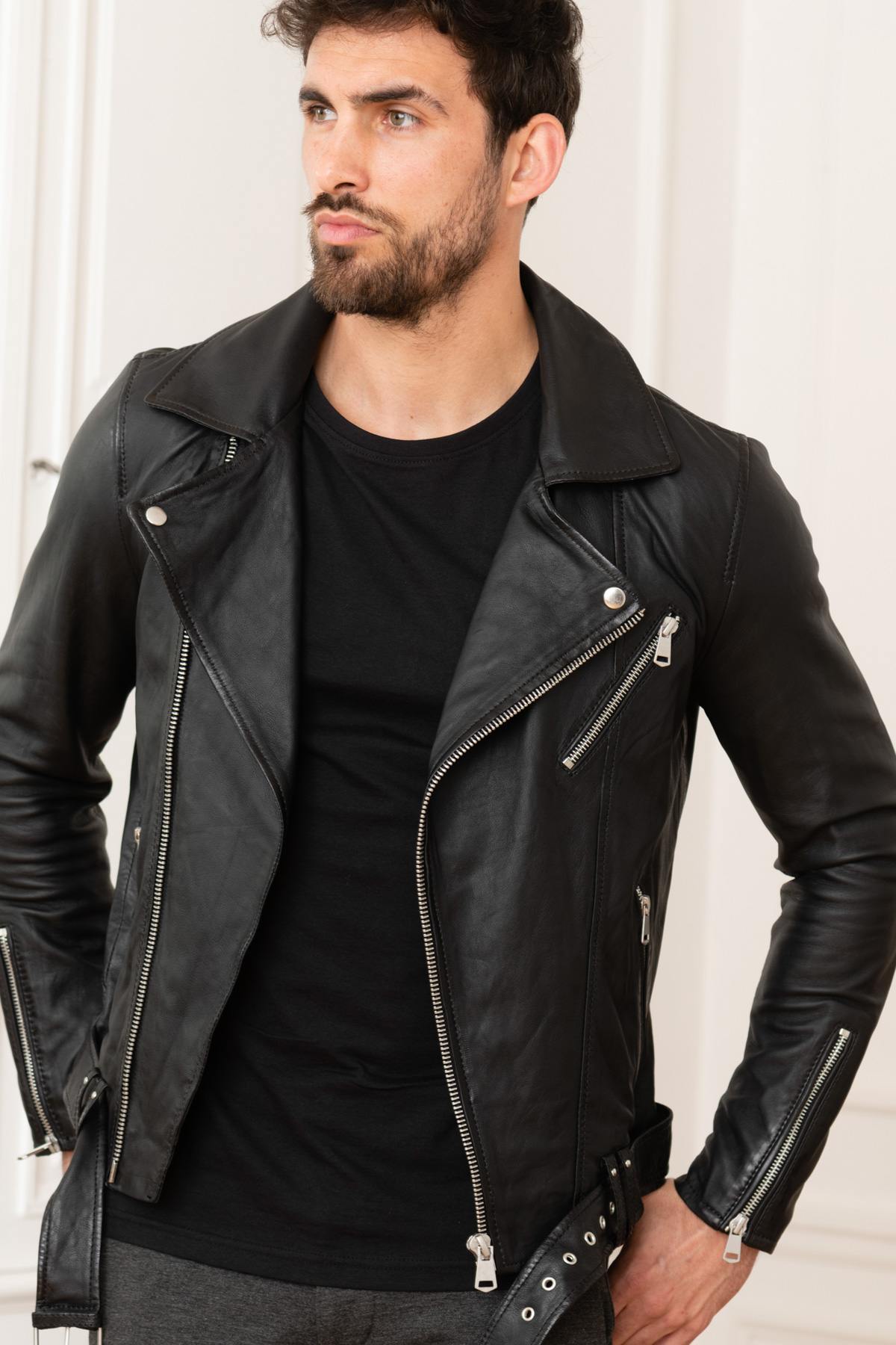 Black sheepskin Biker Jacket - Image n°4