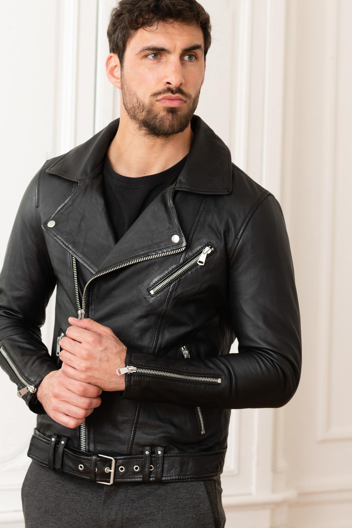 Black sheepskin Biker Jacket - Image n°14