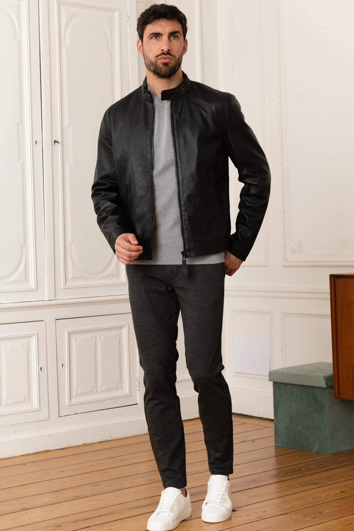 Black leather jacket with biker collar - Image n°2