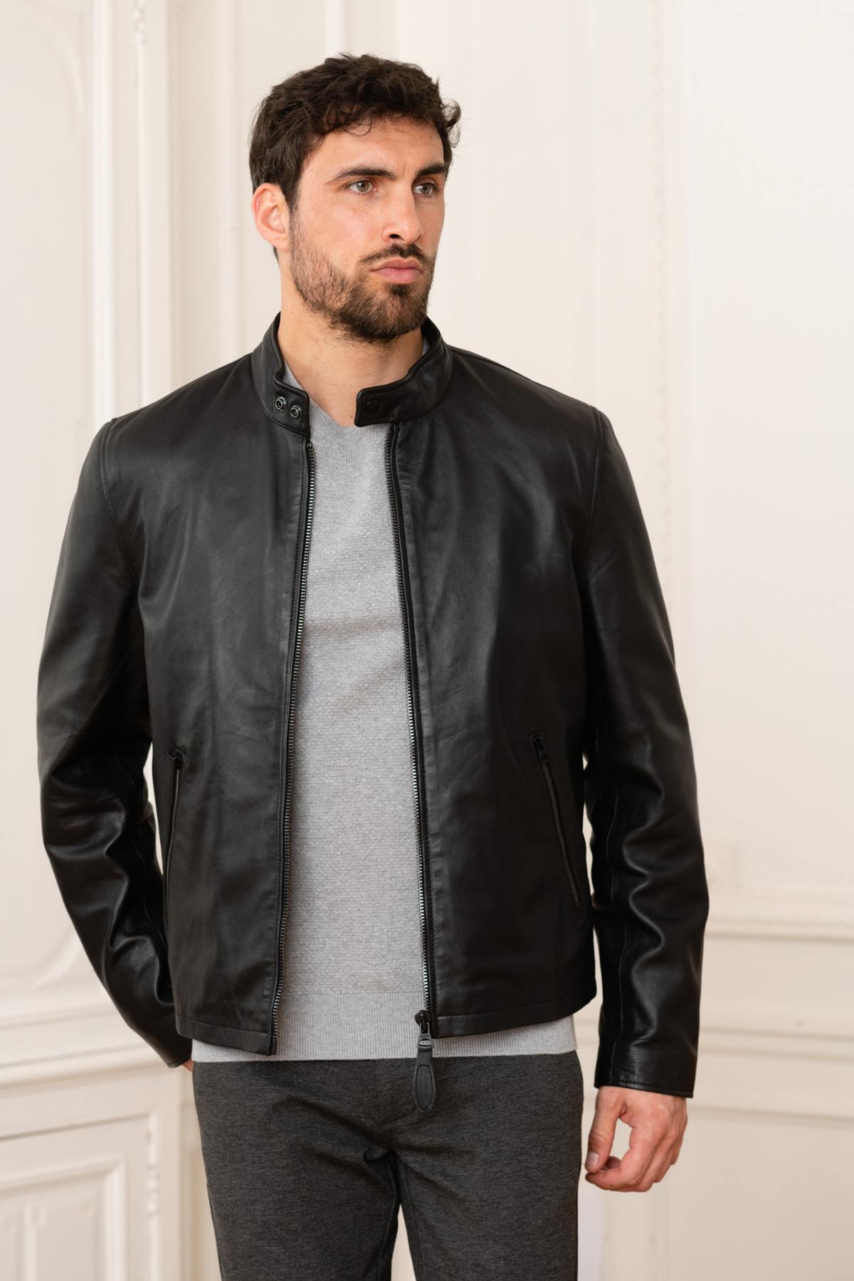 Black leather jacket with biker collar - Image n°1