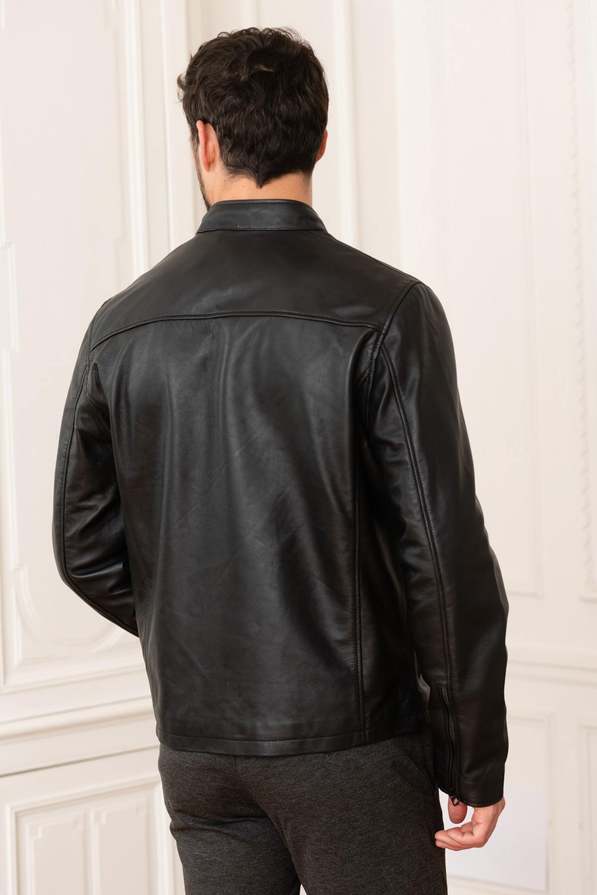 Black leather jacket with biker collar - Image n°5