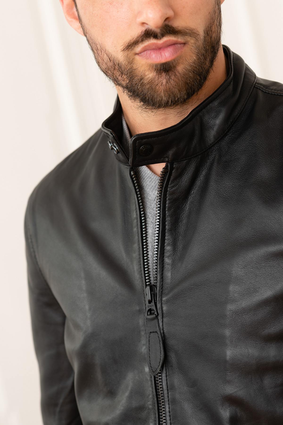 Black leather jacket with biker collar - Image n°7