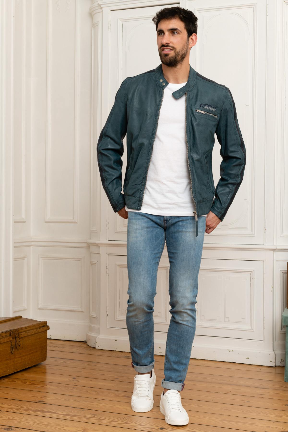 Blue leather racing jacket - Image n°2