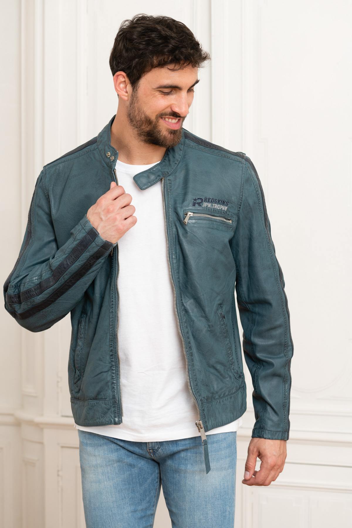 Blue leather racing jacket - Image n°3