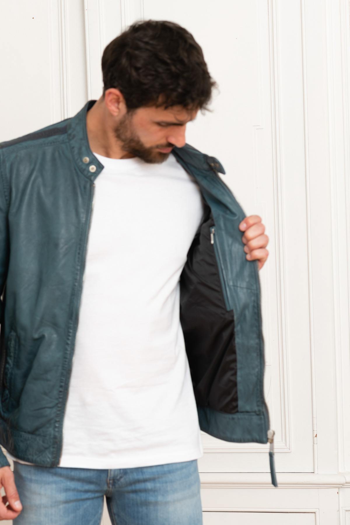 Blue leather racing jacket - Image n°4